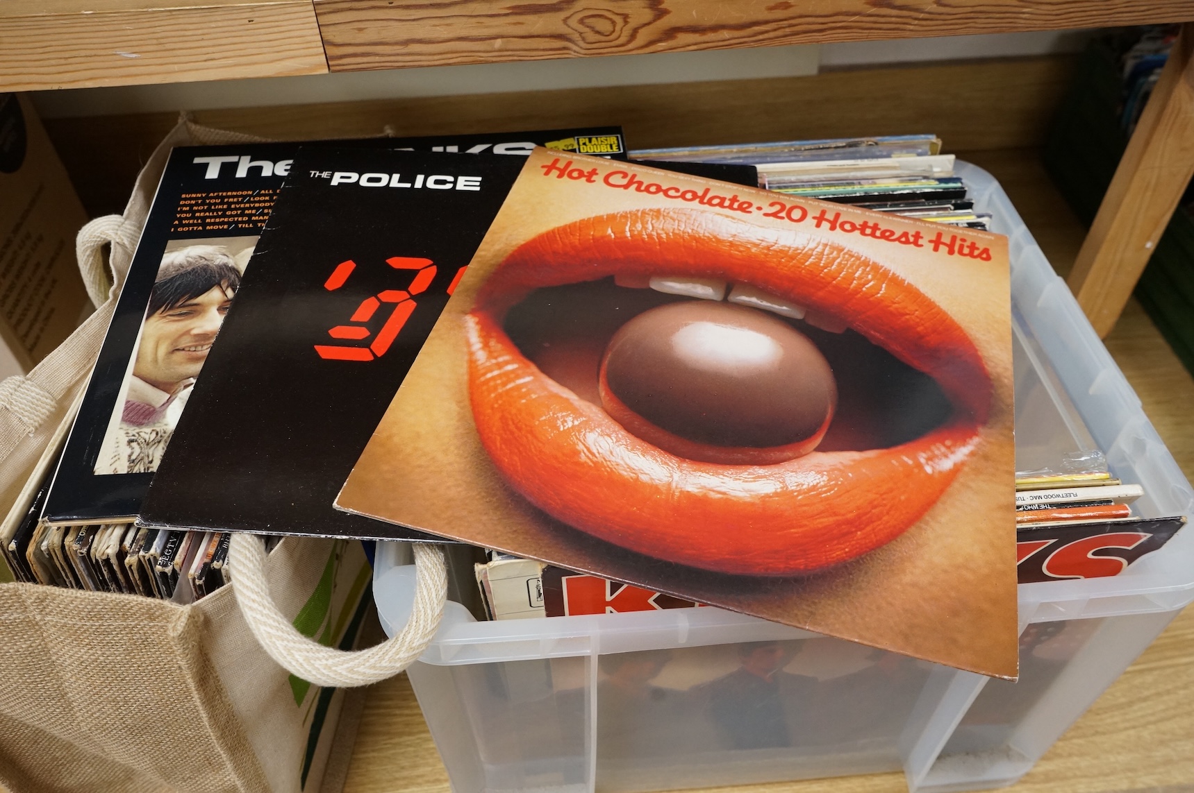 Fifty rock and pop LP record albums, including an early pressing of The Kinks first album, together with artists including; The Who, Fleetwood Mac, Rare Earth, Hot Chocolate, Rod Stewart, David Bowie, Patti Smith, Steve